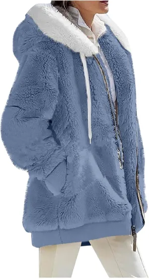 PETYCZEN Winter Jackets for Women Warm Fuzzy Sherpa Lined Plus Size Coats Casual Long Sleeve Zip Up Fleece Jacket Outerwear