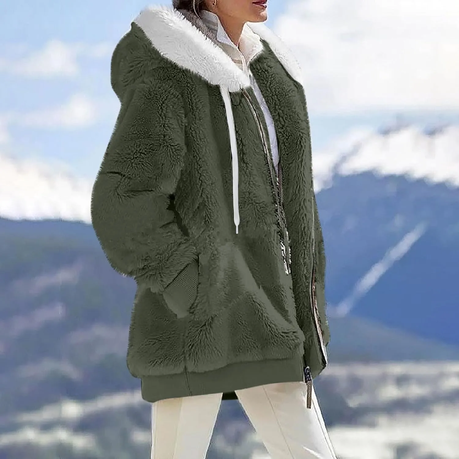 PETYCZEN Winter Jackets for Women Warm Fuzzy Sherpa Lined Plus Size Coats Casual Long Sleeve Zip Up Fleece Jacket Outerwear