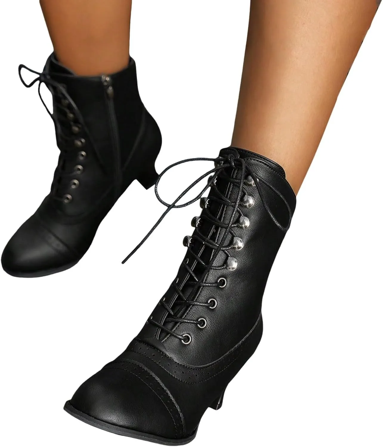 Pirate Boots Women Victorian Mid Calf Renaissance Witch Costume Shoes Chunky Heel Halloween Gothic Punk Lace Up Dress Boots