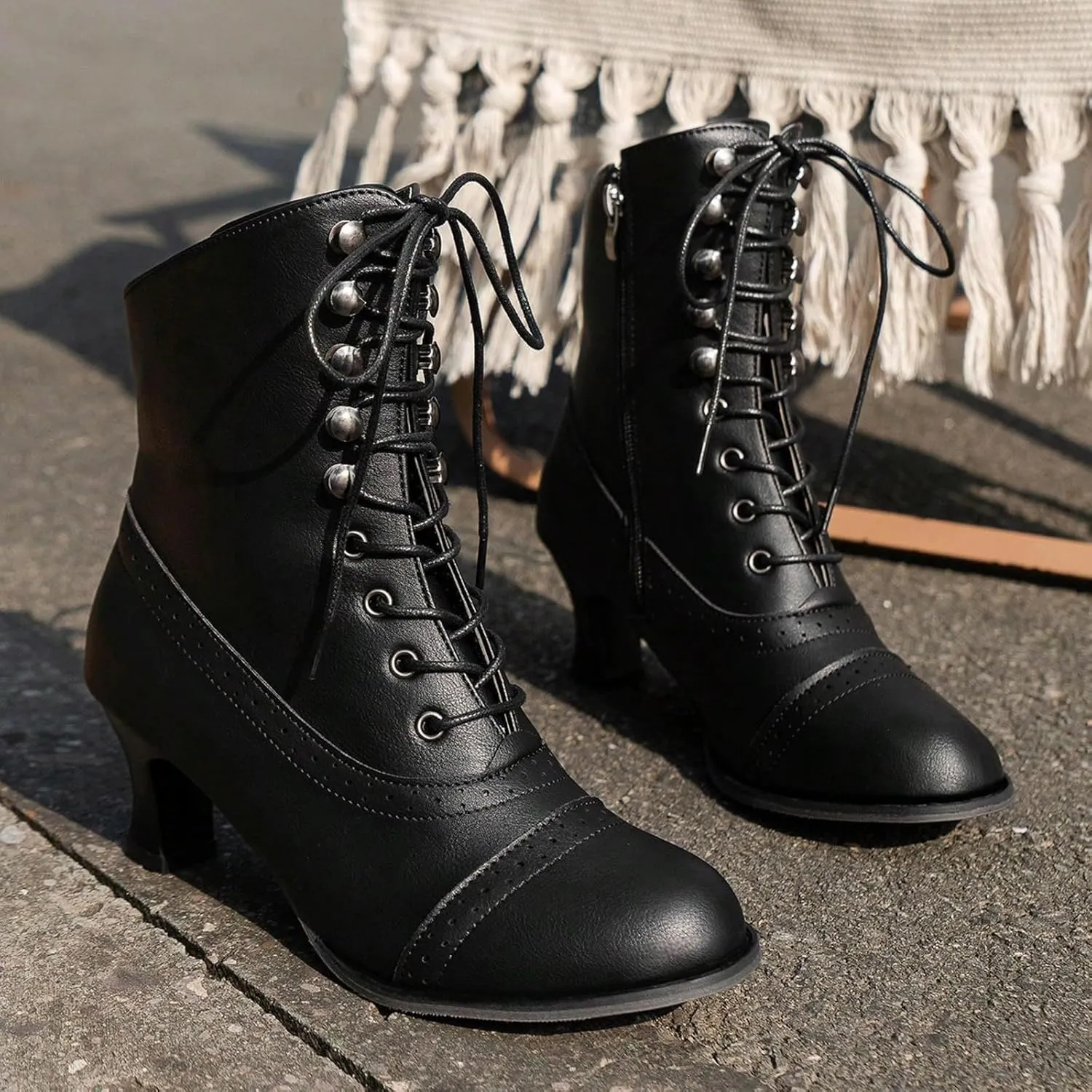 Pirate Boots Women Victorian Mid Calf Renaissance Witch Costume Shoes Chunky Heel Halloween Gothic Punk Lace Up Dress Boots