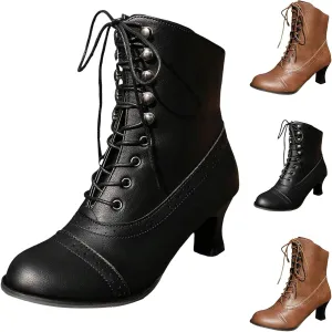 Pirate Boots Women Victorian Mid Calf Renaissance Witch Costume Shoes Chunky Heel Halloween Gothic Punk Lace Up Dress Boots