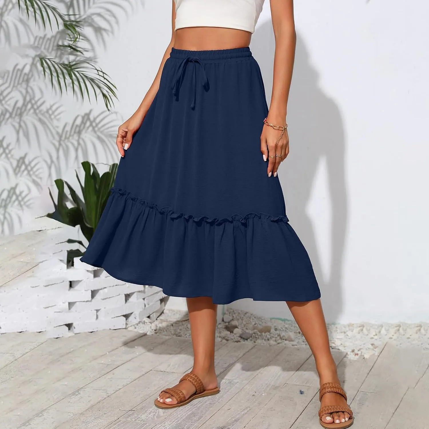 Pleated Midi Skirts for Women Trendy Summer Skirts Casual Drawstring Elastic Waist Tiered Flowy Skirt with Pockets