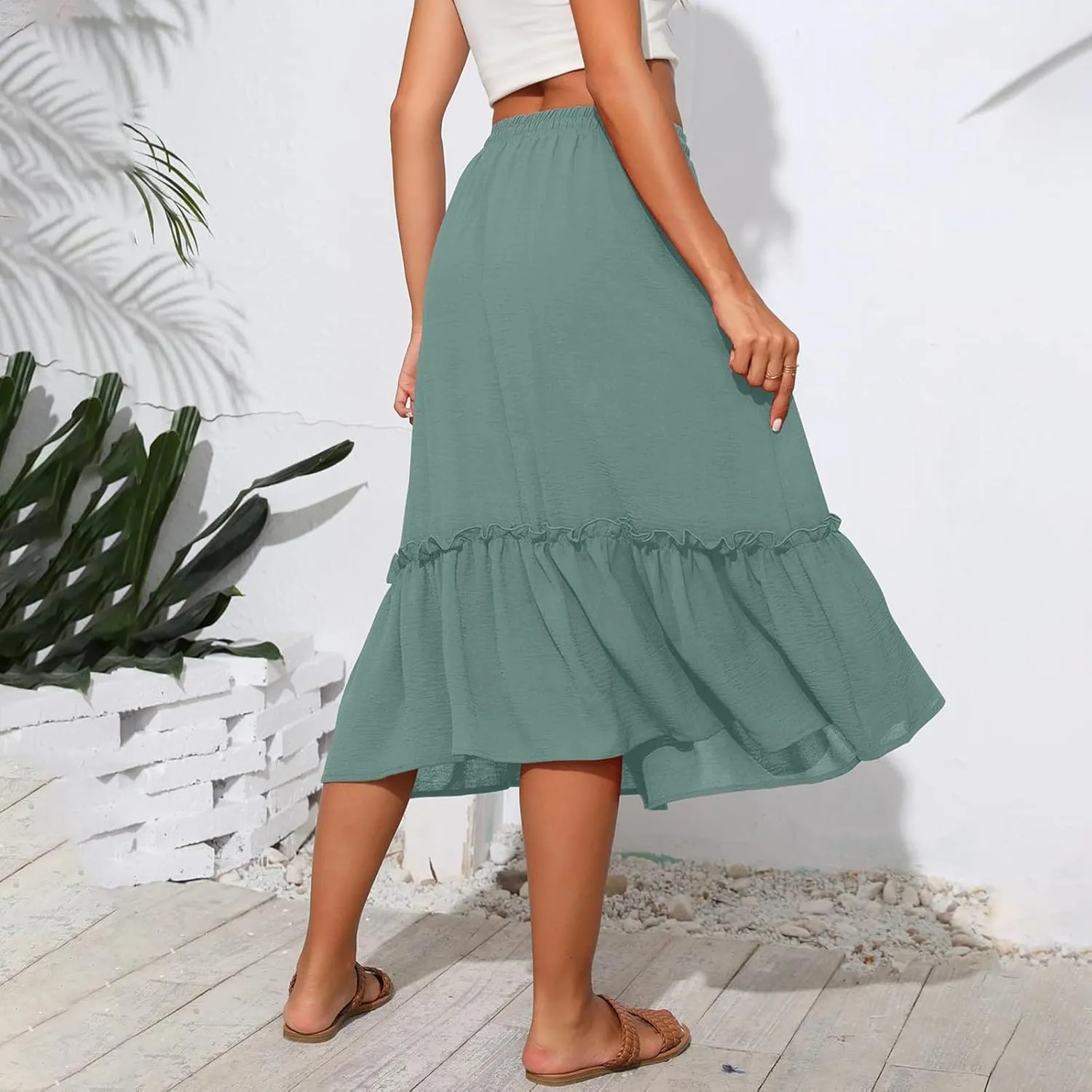 Pleated Midi Skirts for Women Trendy Summer Skirts Casual Drawstring Elastic Waist Tiered Flowy Skirt with Pockets