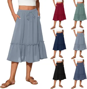 Pleated Midi Skirts for Women Trendy Summer Skirts Casual Drawstring Elastic Waist Tiered Flowy Skirt with Pockets