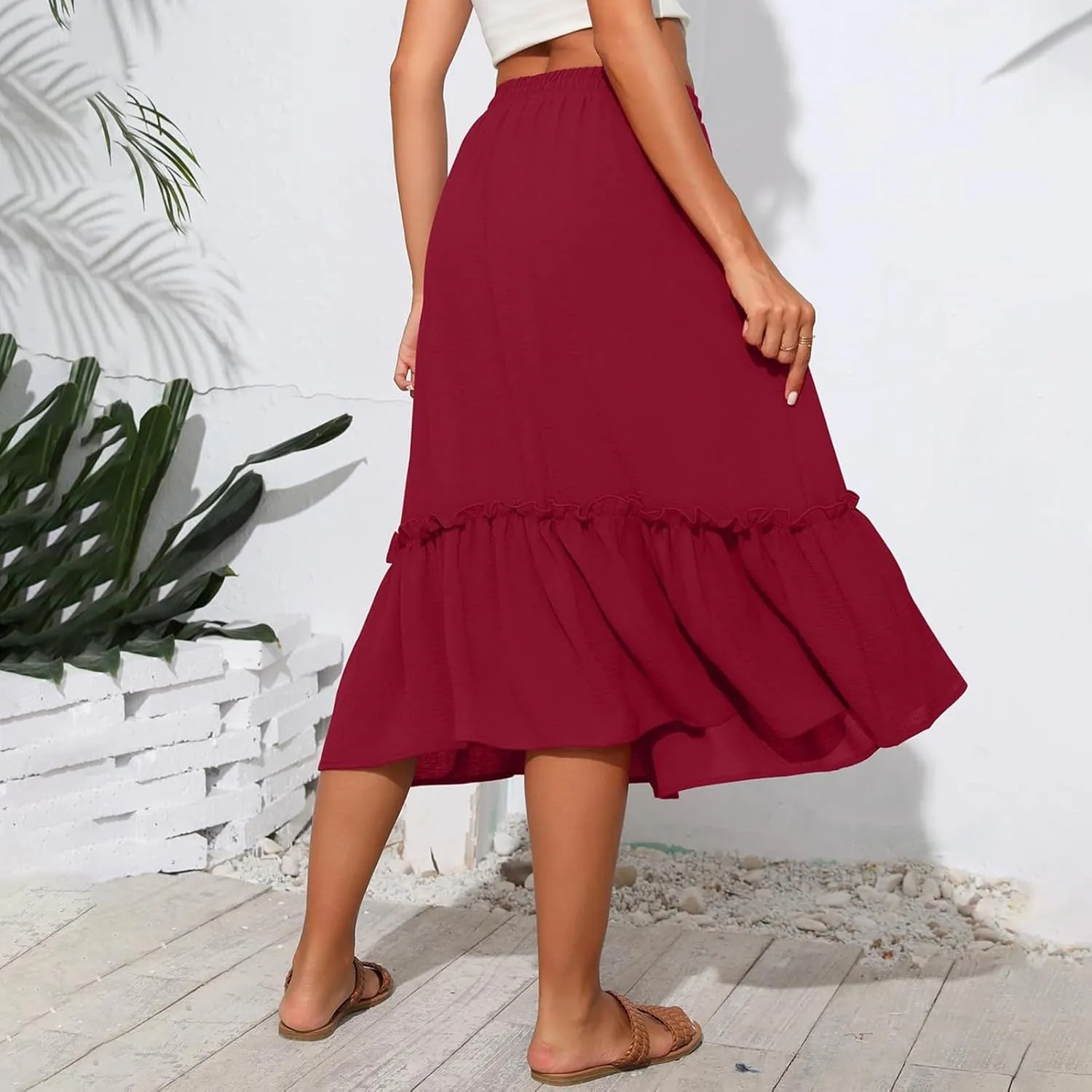 Pleated Midi Skirts for Women Trendy Summer Skirts Casual Drawstring Elastic Waist Tiered Flowy Skirt with Pockets