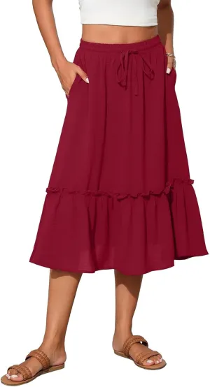 Pleated Midi Skirts for Women Trendy Summer Skirts Casual Drawstring Elastic Waist Tiered Flowy Skirt with Pockets