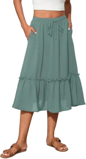 Pleated Midi Skirts for Women Trendy Summer Skirts Casual Drawstring Elastic Waist Tiered Flowy Skirt with Pockets