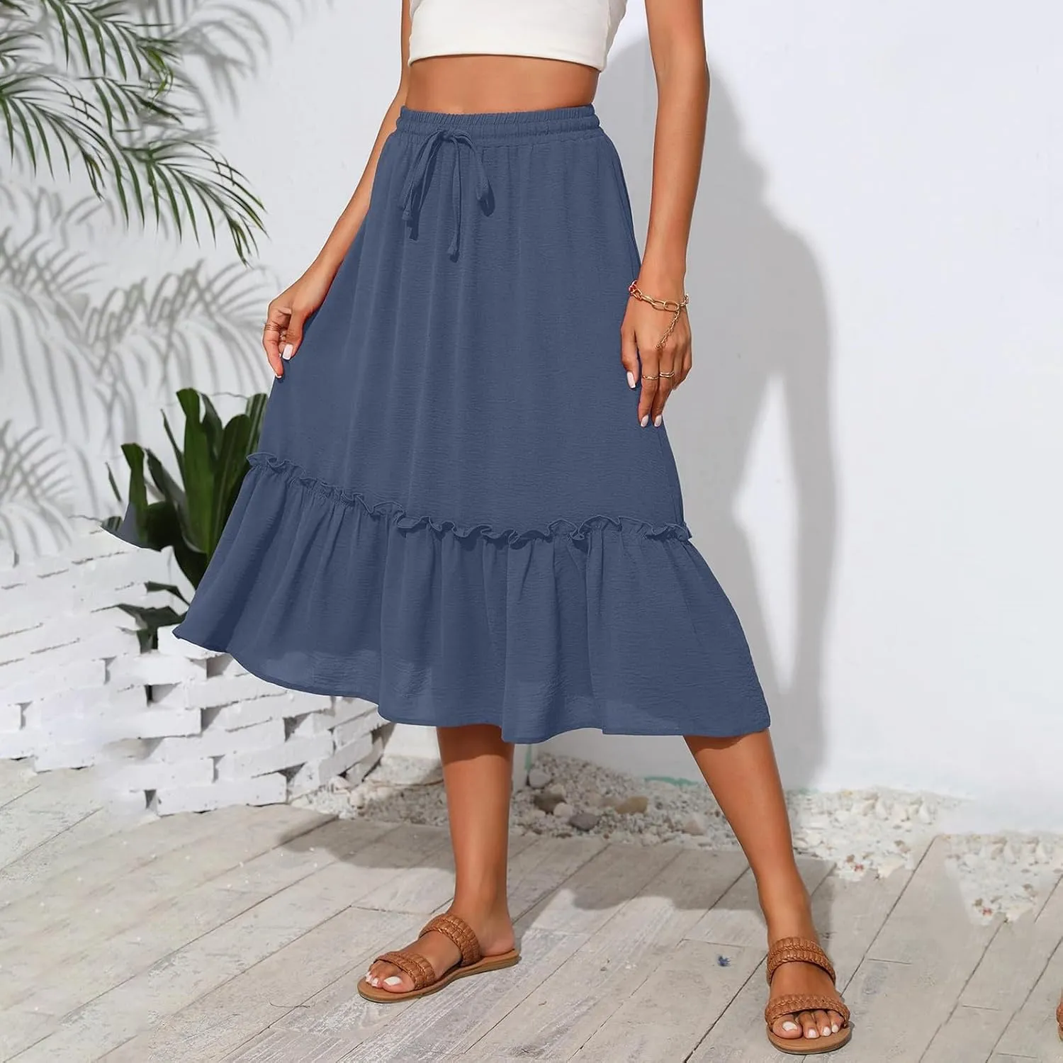 Pleated Midi Skirts for Women Trendy Summer Skirts Casual Drawstring Elastic Waist Tiered Flowy Skirt with Pockets