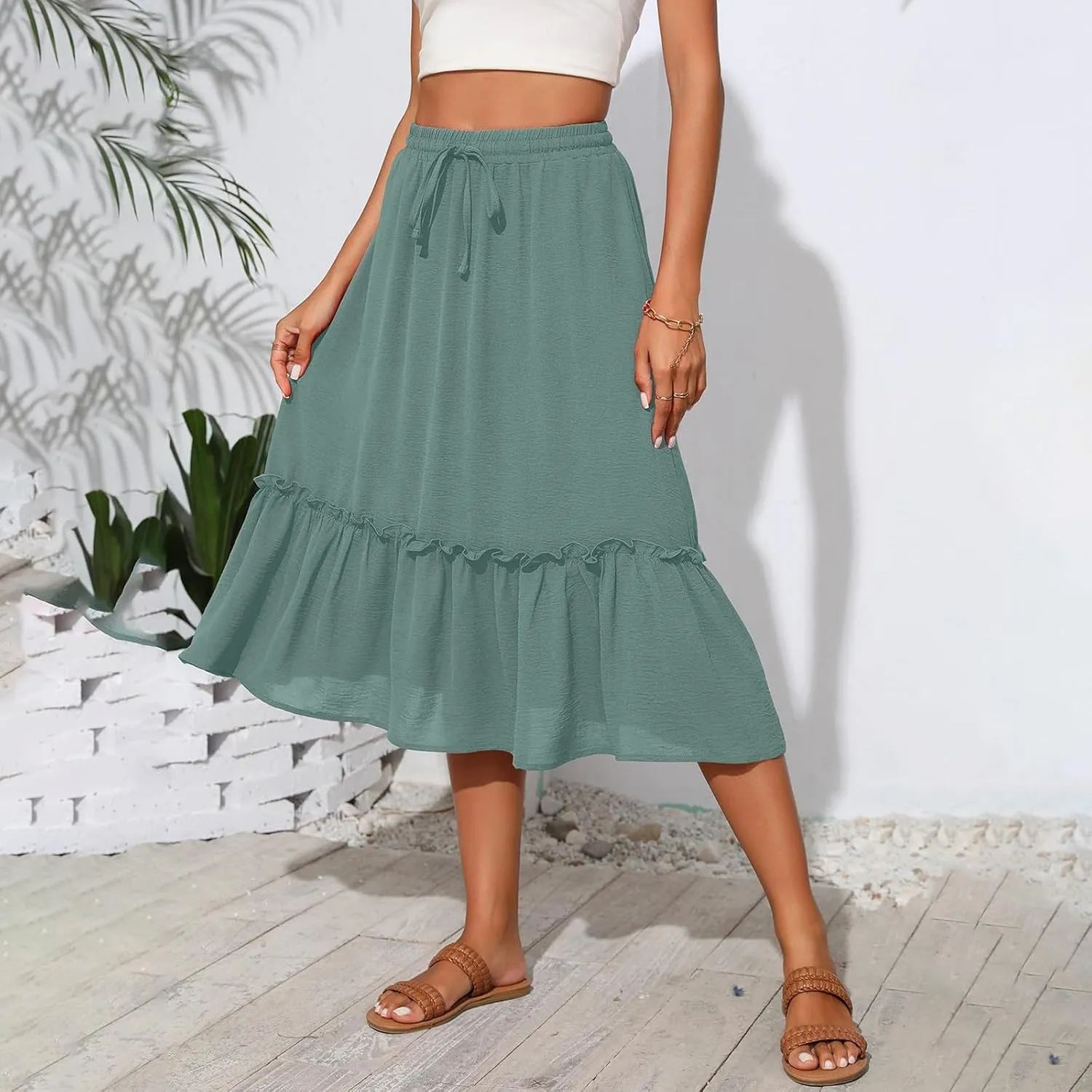 Pleated Midi Skirts for Women Trendy Summer Skirts Casual Drawstring Elastic Waist Tiered Flowy Skirt with Pockets