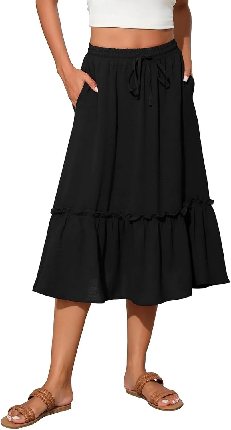 Pleated Midi Skirts for Women Trendy Summer Skirts Casual Drawstring Elastic Waist Tiered Flowy Skirt with Pockets