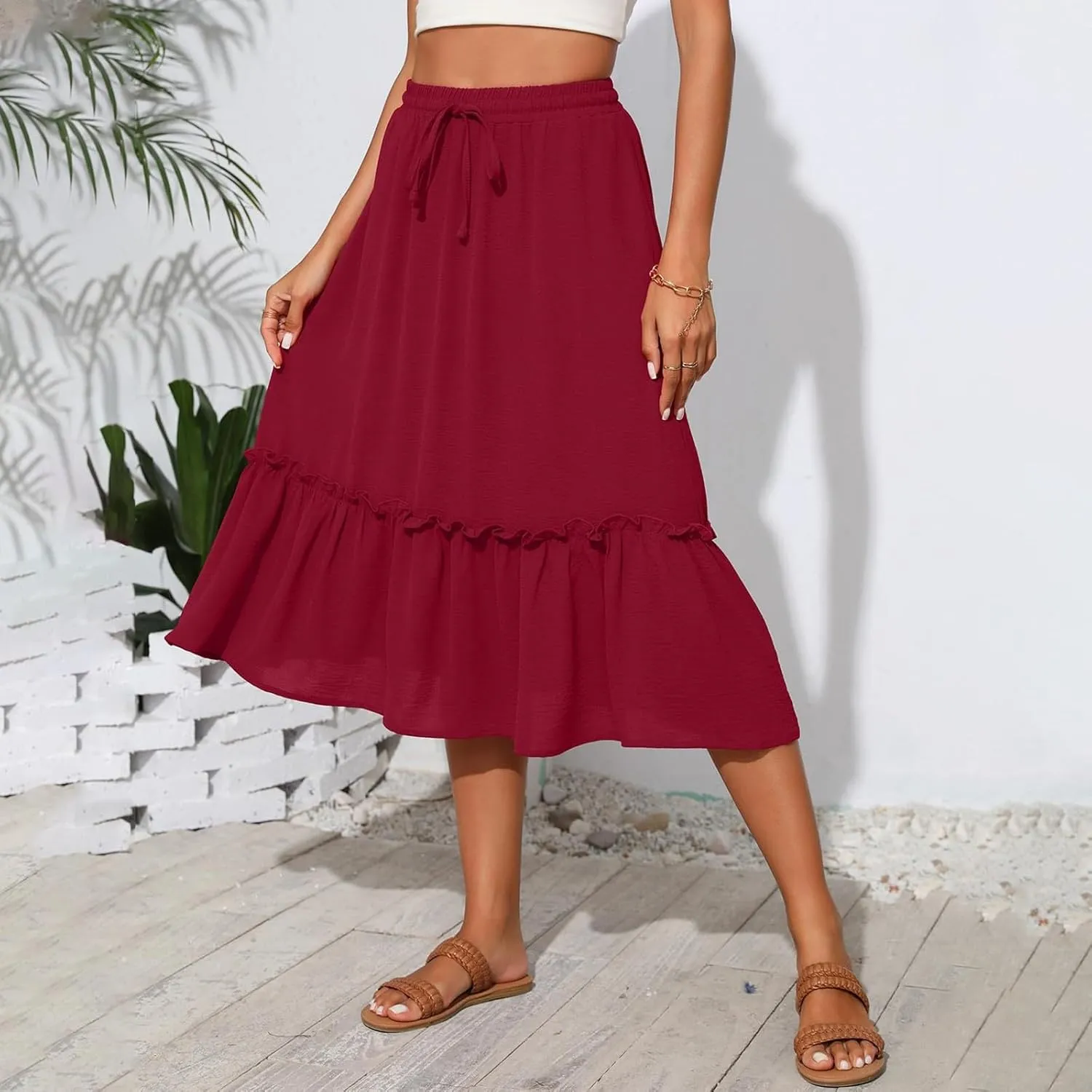 Pleated Midi Skirts for Women Trendy Summer Skirts Casual Drawstring Elastic Waist Tiered Flowy Skirt with Pockets