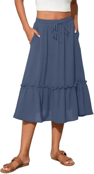 Pleated Midi Skirts for Women Trendy Summer Skirts Casual Drawstring Elastic Waist Tiered Flowy Skirt with Pockets