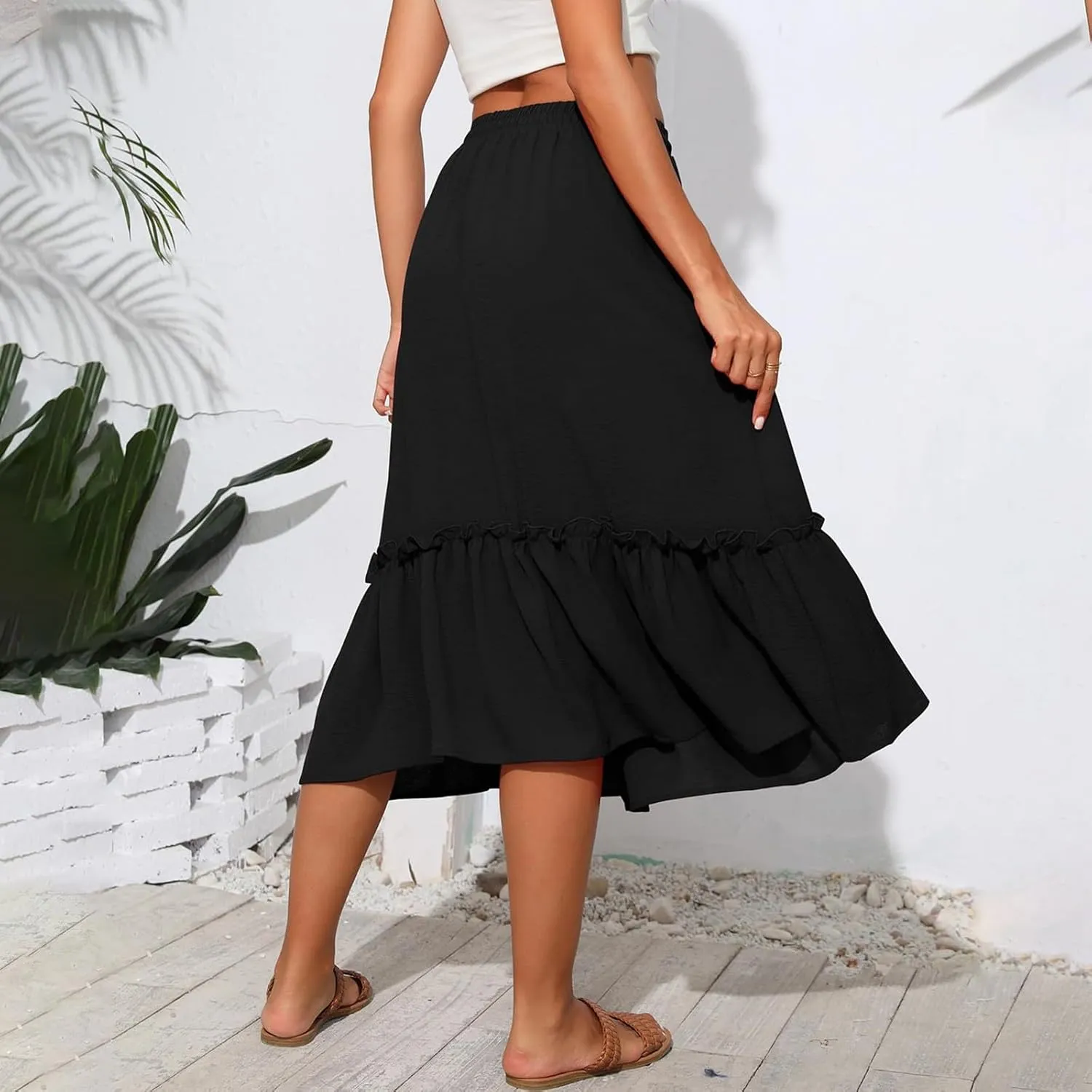 Pleated Midi Skirts for Women Trendy Summer Skirts Casual Drawstring Elastic Waist Tiered Flowy Skirt with Pockets