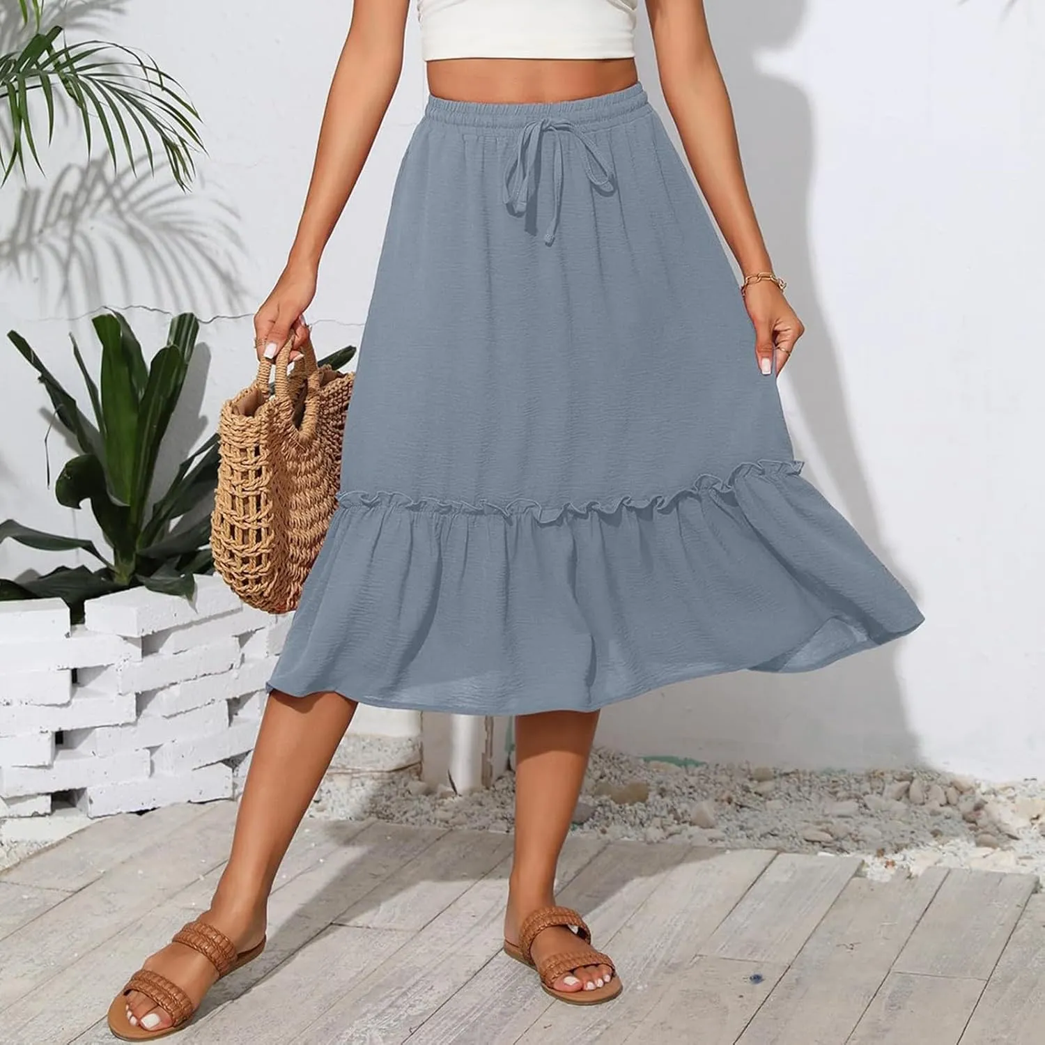 Pleated Midi Skirts for Women Trendy Summer Skirts Casual Drawstring Elastic Waist Tiered Flowy Skirt with Pockets