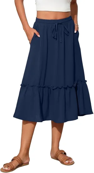 Pleated Midi Skirts for Women Trendy Summer Skirts Casual Drawstring Elastic Waist Tiered Flowy Skirt with Pockets