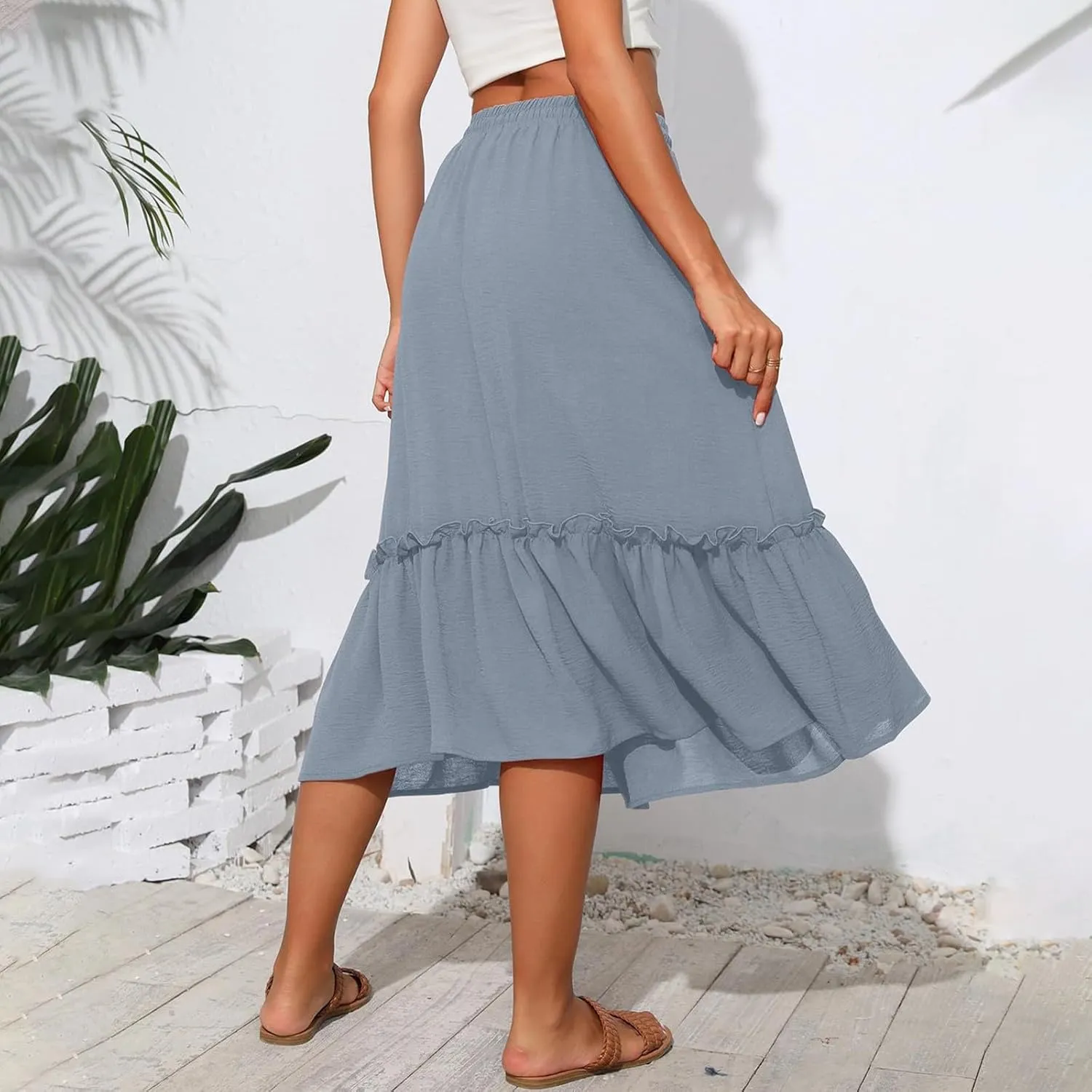 Pleated Midi Skirts for Women Trendy Summer Skirts Casual Drawstring Elastic Waist Tiered Flowy Skirt with Pockets
