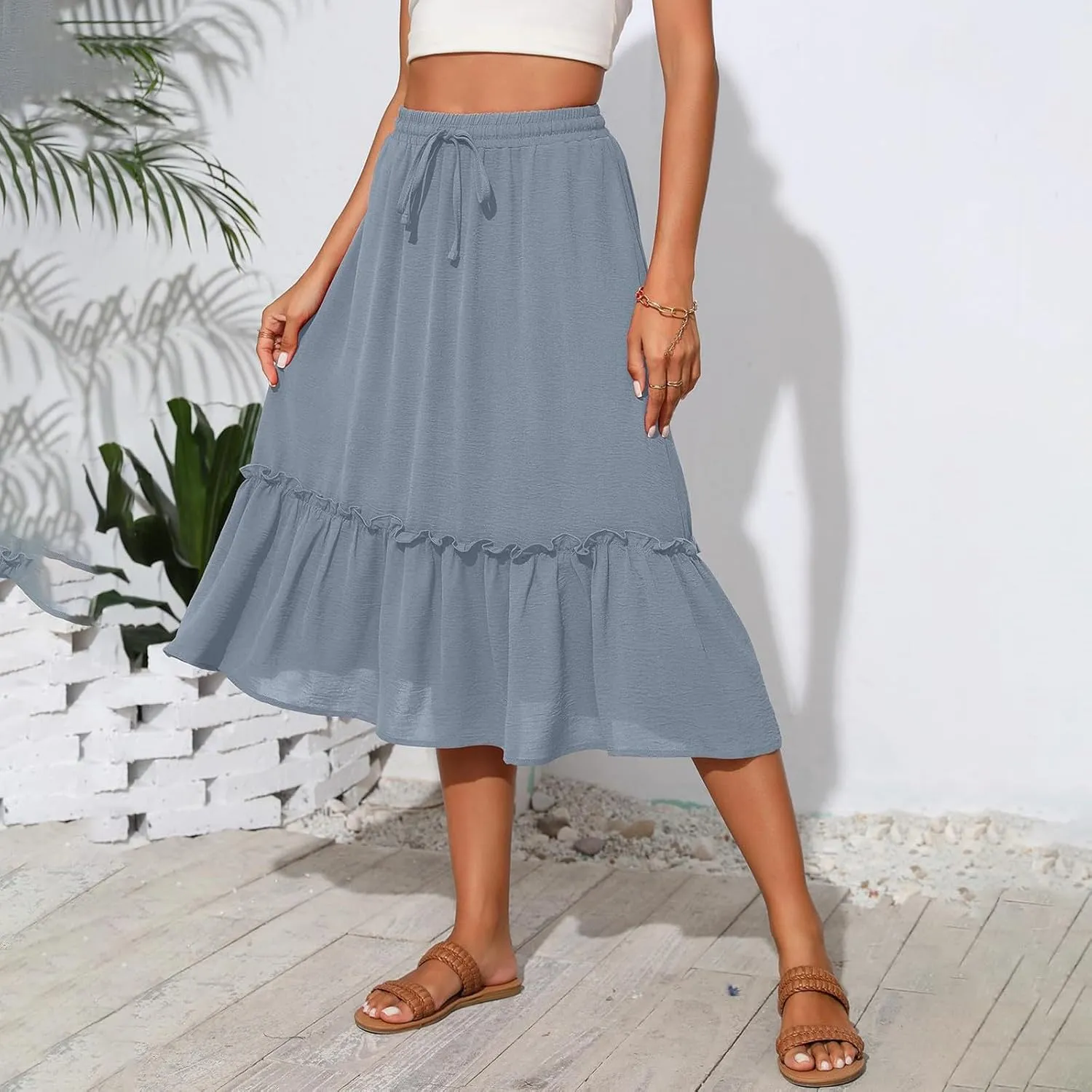 Pleated Midi Skirts for Women Trendy Summer Skirts Casual Drawstring Elastic Waist Tiered Flowy Skirt with Pockets