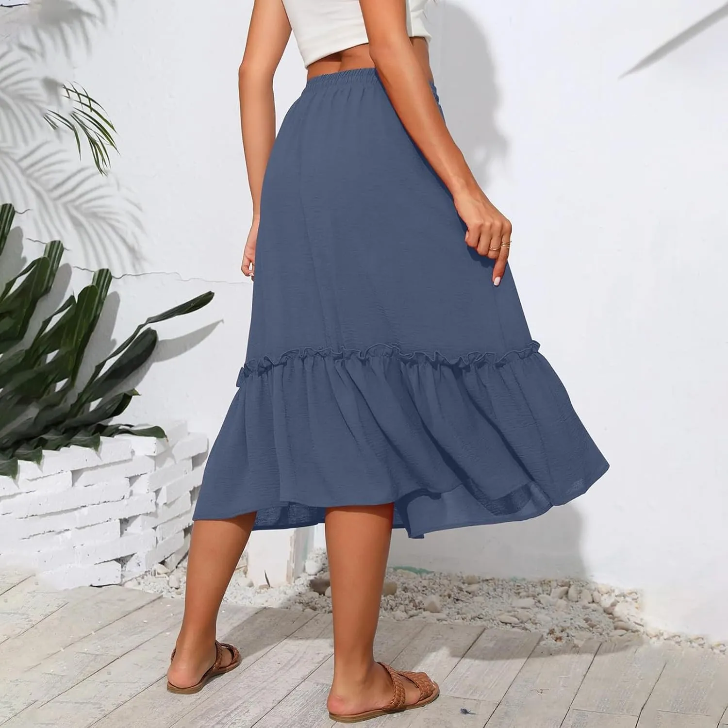Pleated Midi Skirts for Women Trendy Summer Skirts Casual Drawstring Elastic Waist Tiered Flowy Skirt with Pockets