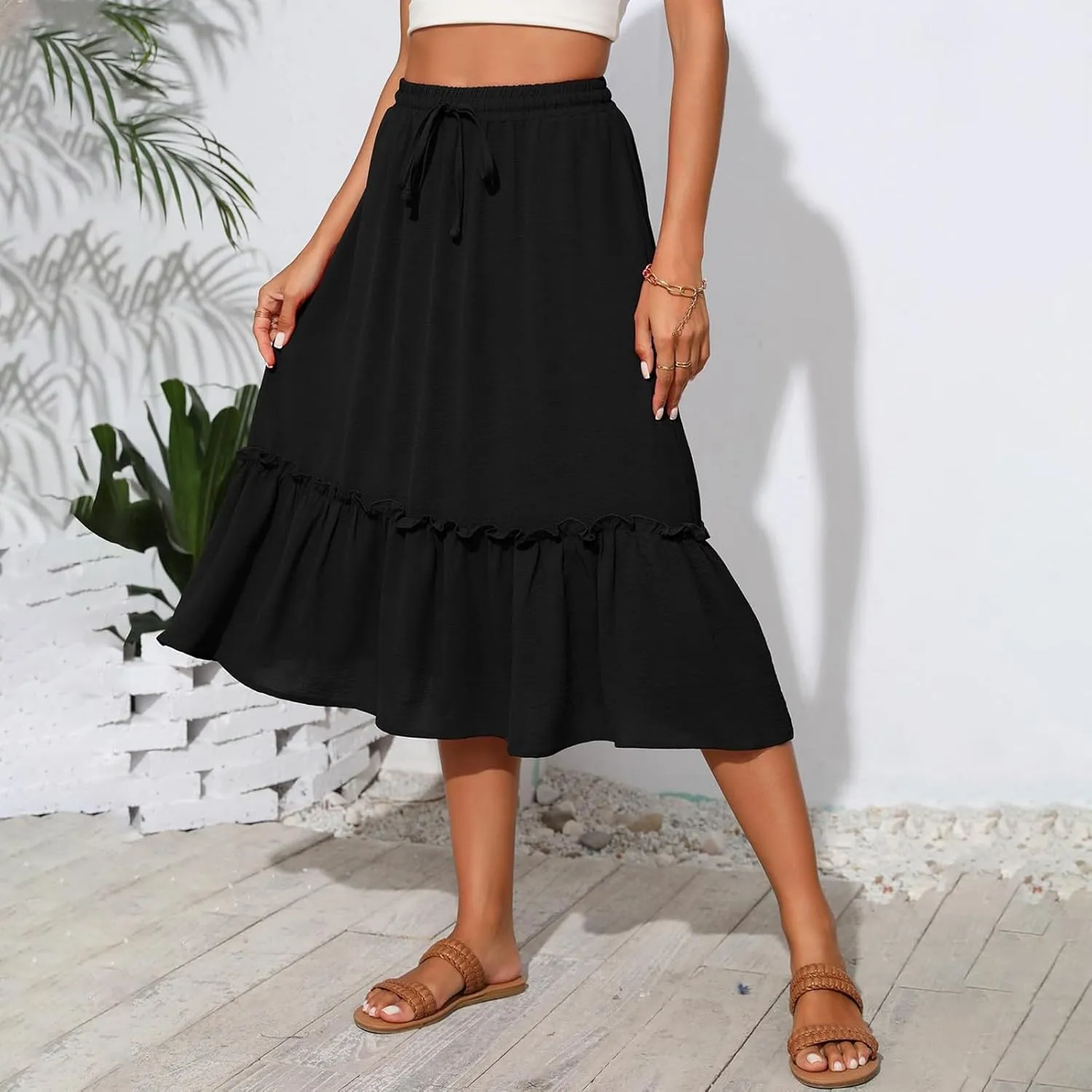 Pleated Midi Skirts for Women Trendy Summer Skirts Casual Drawstring Elastic Waist Tiered Flowy Skirt with Pockets