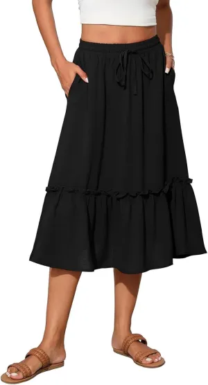Pleated Midi Skirts for Women Trendy Summer Skirts Casual Drawstring Elastic Waist Tiered Flowy Skirt with Pockets