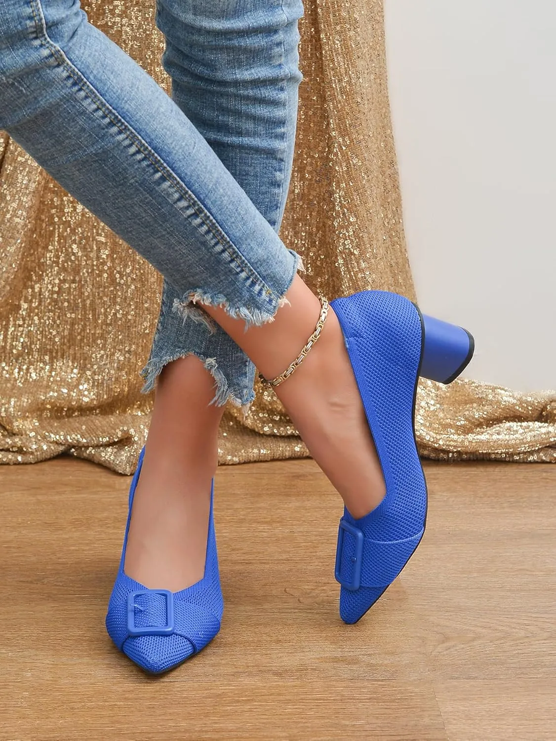 Pointed Toe Chunky Heels for Women Closed Toe Block Heels Pumps Buckle Strap Stretchy Knit Heels Comfortable Slip On Pumps Dress Shoes for Work Wedding Daily Wear