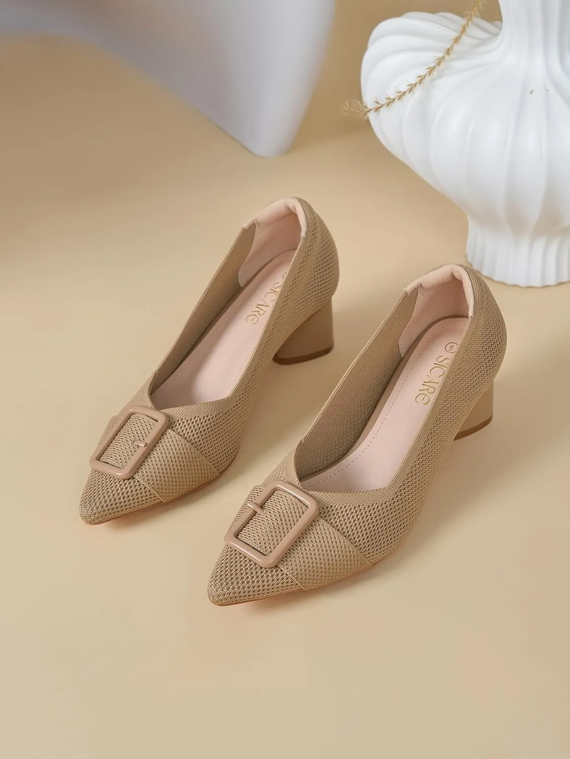 Pointed Toe Chunky Heels for Women Closed Toe Block Heels Pumps Buckle Strap Stretchy Knit Heels Comfortable Slip On Pumps Dress Shoes for Work Wedding Daily Wear