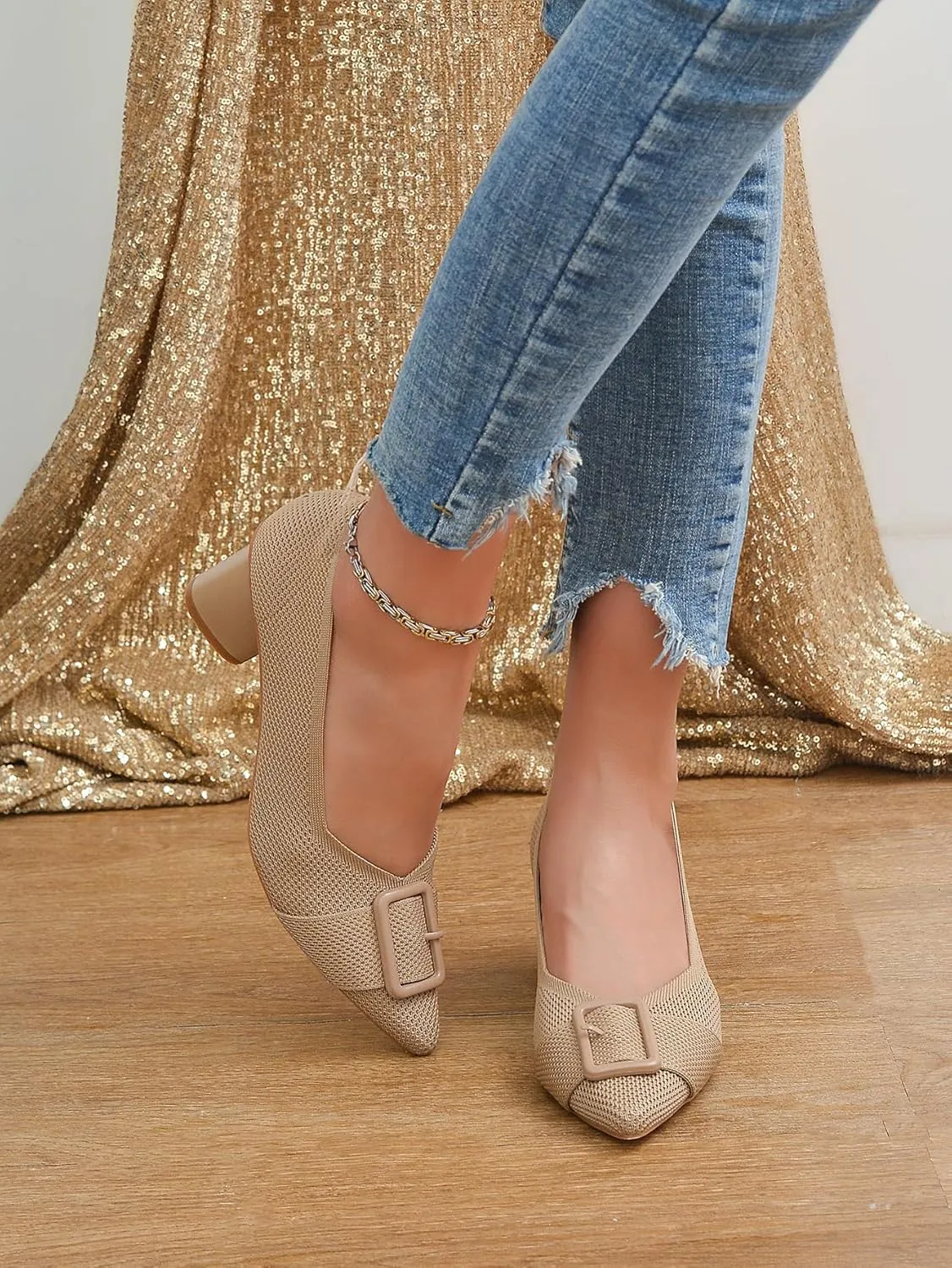 Pointed Toe Chunky Heels for Women Closed Toe Block Heels Pumps Buckle Strap Stretchy Knit Heels Comfortable Slip On Pumps Dress Shoes for Work Wedding Daily Wear