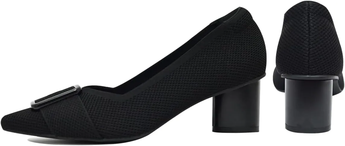 Pointed Toe Chunky Heels for Women Closed Toe Block Heels Pumps Buckle Strap Stretchy Knit Heels Comfortable Slip On Pumps Dress Shoes for Work Wedding Daily Wear