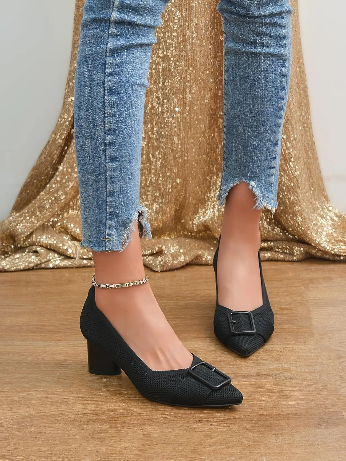 Pointed Toe Chunky Heels for Women Closed Toe Block Heels Pumps Buckle Strap Stretchy Knit Heels Comfortable Slip On Pumps Dress Shoes for Work Wedding Daily Wear