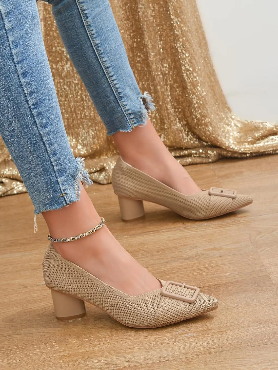 Pointed Toe Chunky Heels for Women Closed Toe Block Heels Pumps Buckle Strap Stretchy Knit Heels Comfortable Slip On Pumps Dress Shoes for Work Wedding Daily Wear
