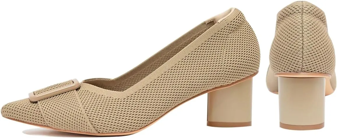 Pointed Toe Chunky Heels for Women Closed Toe Block Heels Pumps Buckle Strap Stretchy Knit Heels Comfortable Slip On Pumps Dress Shoes for Work Wedding Daily Wear