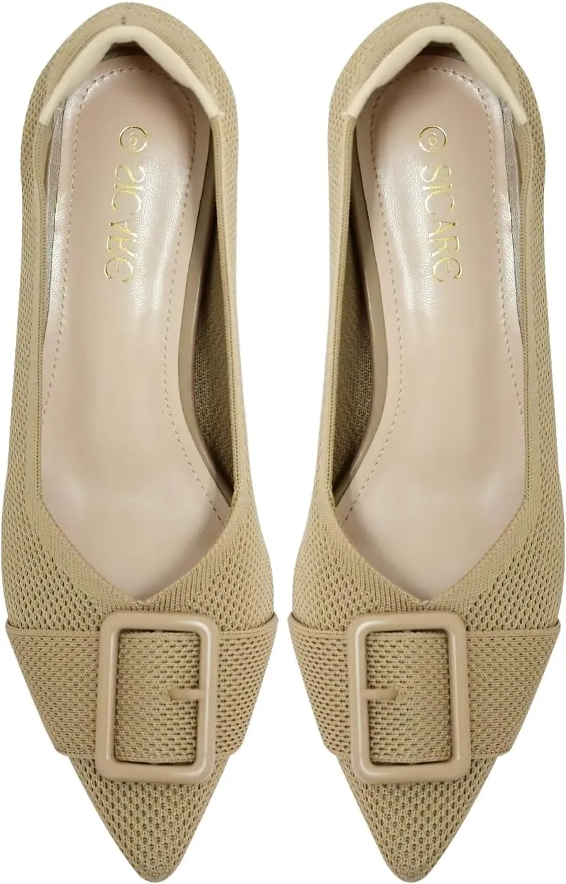 Pointed Toe Chunky Heels for Women Closed Toe Block Heels Pumps Buckle Strap Stretchy Knit Heels Comfortable Slip On Pumps Dress Shoes for Work Wedding Daily Wear
