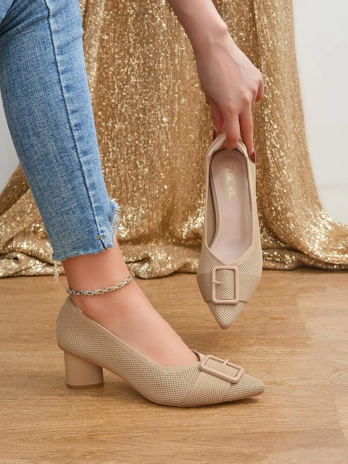 Pointed Toe Chunky Heels for Women Closed Toe Block Heels Pumps Buckle Strap Stretchy Knit Heels Comfortable Slip On Pumps Dress Shoes for Work Wedding Daily Wear