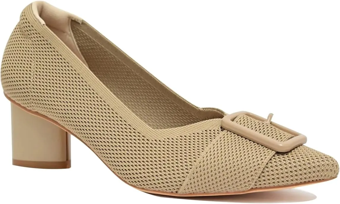 Pointed Toe Chunky Heels for Women Closed Toe Block Heels Pumps Buckle Strap Stretchy Knit Heels Comfortable Slip On Pumps Dress Shoes for Work Wedding Daily Wear