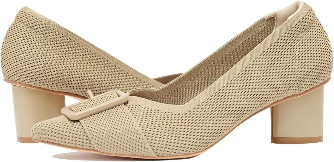 Pointed Toe Chunky Heels for Women Closed Toe Block Heels Pumps Buckle Strap Stretchy Knit Heels Comfortable Slip On Pumps Dress Shoes for Work Wedding Daily Wear