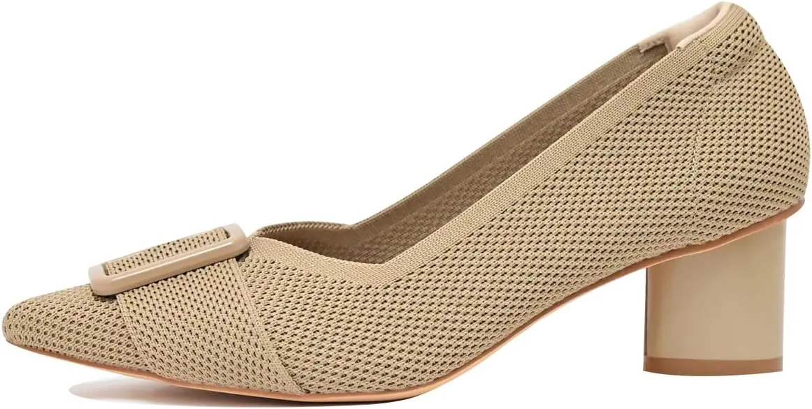 Pointed Toe Chunky Heels for Women Closed Toe Block Heels Pumps Buckle Strap Stretchy Knit Heels Comfortable Slip On Pumps Dress Shoes for Work Wedding Daily Wear