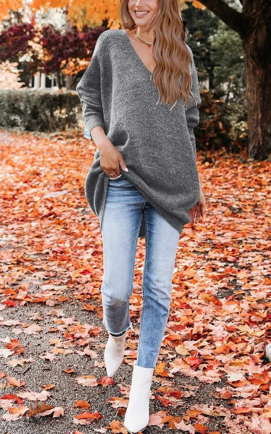 PRETTYGARDEN Women's Pullover Sweater Dress Casual Long Sleeve Ribbed Knit V Neck Loose Oversized Sweaters Dresses