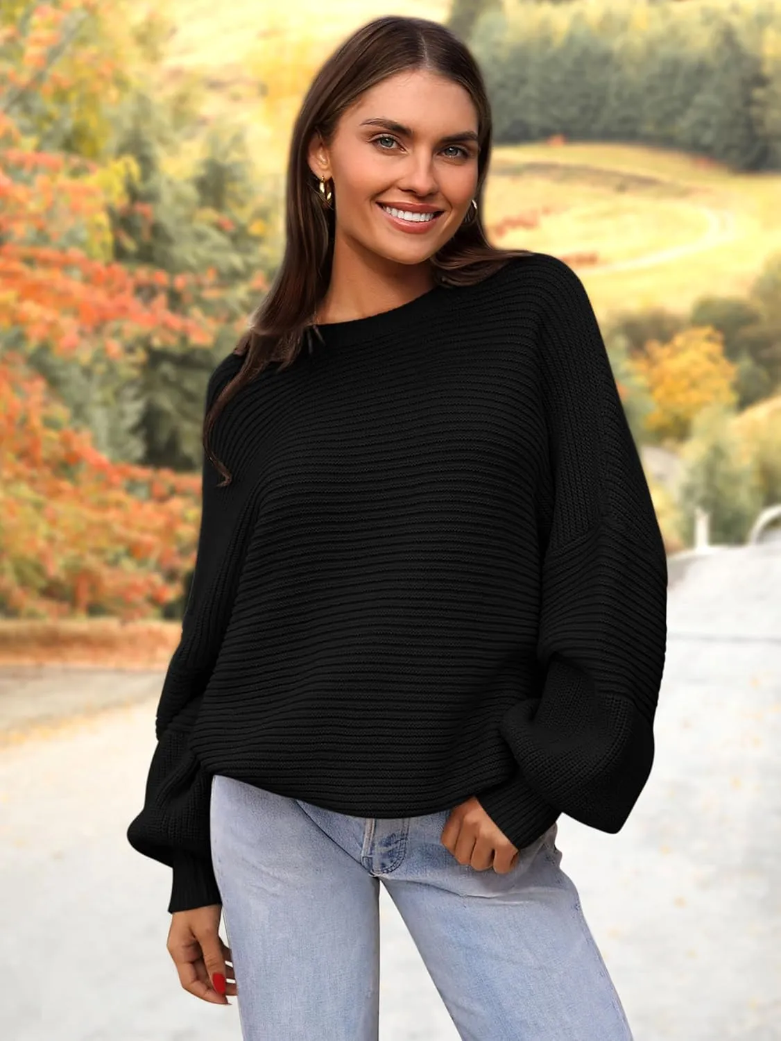 PRETTYGARDEN Womens Sweaters Fall 2025 Long Lantern Sleeve Oversized Sweater Casual Crewneck Loose Ribbed Knit Pullover Tops