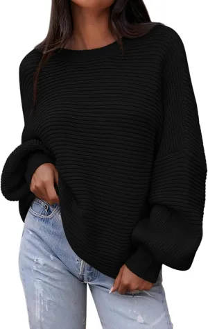 PRETTYGARDEN Womens Sweaters Fall 2025 Long Lantern Sleeve Oversized Sweater Casual Crewneck Loose Ribbed Knit Pullover Tops