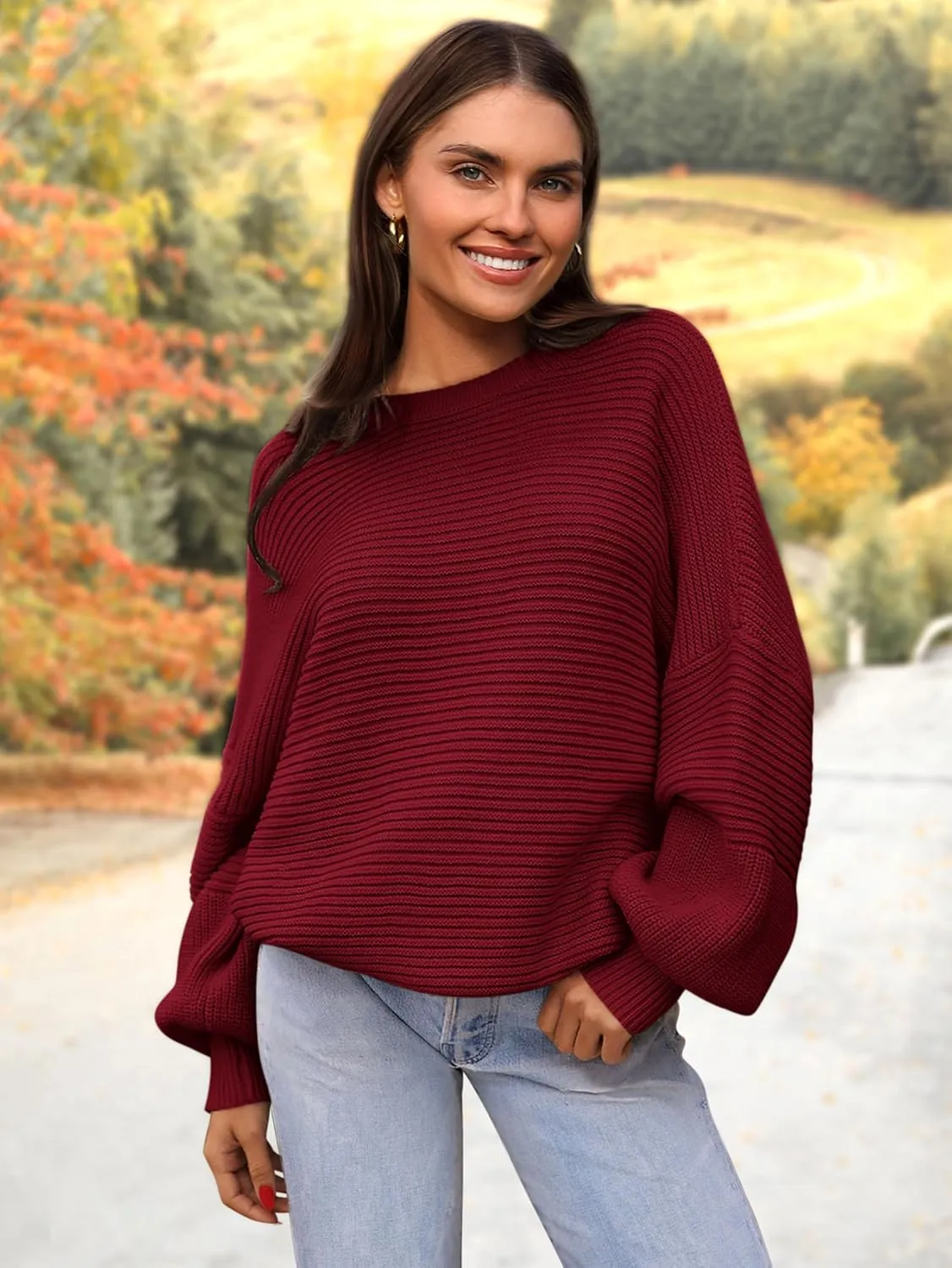PRETTYGARDEN Womens Sweaters Fall 2025 Long Lantern Sleeve Oversized Sweater Casual Crewneck Loose Ribbed Knit Pullover Tops
