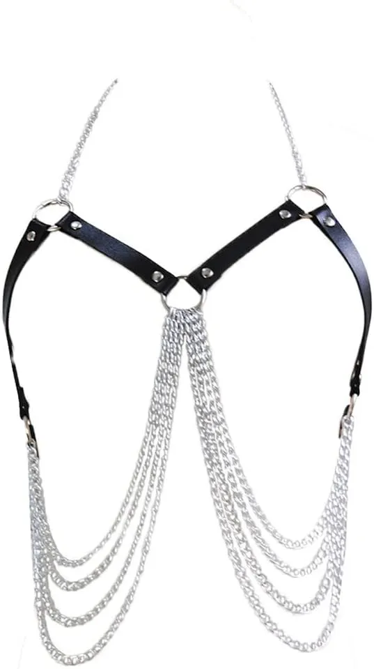 Punk Layered Sexy Chest Chains Leather Top Body Chains Silver Leather Body Chains Ring Rave Party Nightclub Body Jewelry Accessories for Women