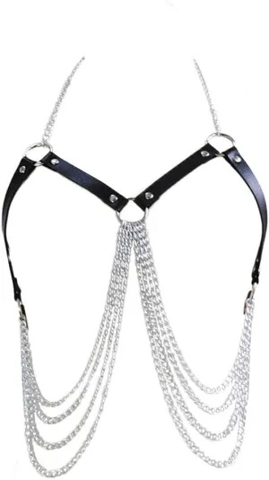 Punk Layered Sexy Chest Chains Leather Top Body Chains Silver Leather Body Chains Ring Rave Party Nightclub Body Jewelry Accessories for Women