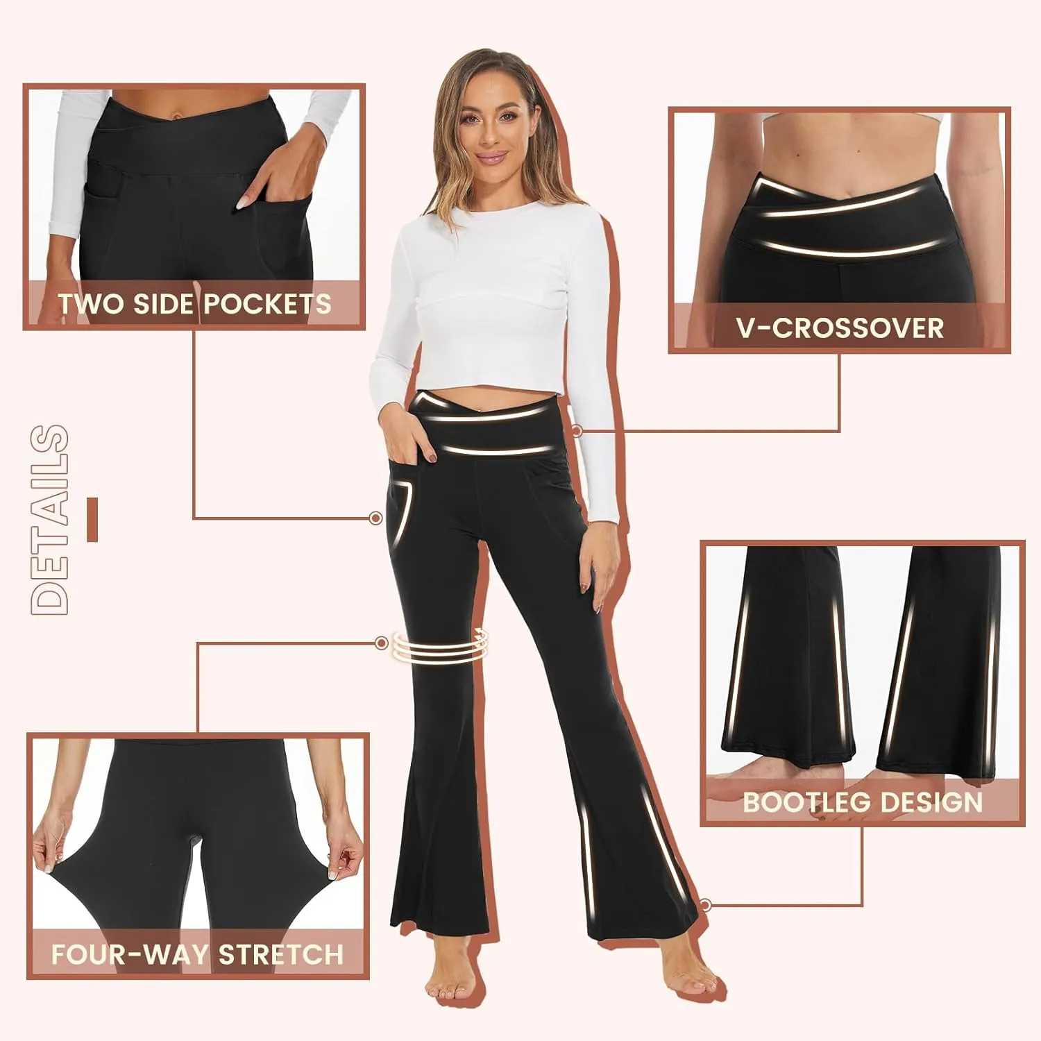 QGGQDD Black Flare Leggings for Women, Crossover Yoga Pants High Waisted Bootcut Leggings