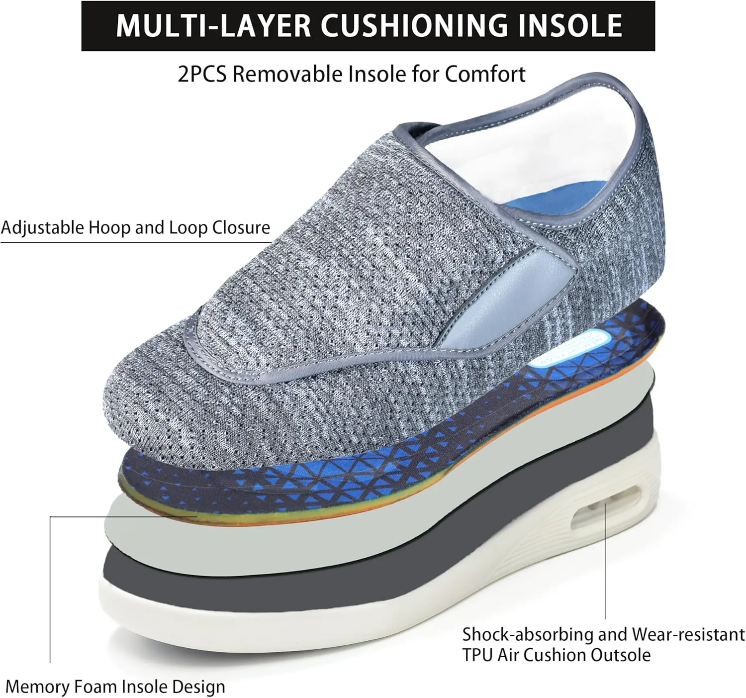 QHBPMGAD Women's Diabetic Shoes, Wide Width Elderly Sneakers for Women, Adjustable Hook and Loop Closure Non-Slip Breathable, Swollen Feet Walking Edema Shoes