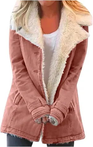 QWENTMTNTY Winter Coats for Women Fleece Lined Plus Size Sherpa Jacket Fashion Lapel Thicken Coat Thermal Outerwear Pockets
