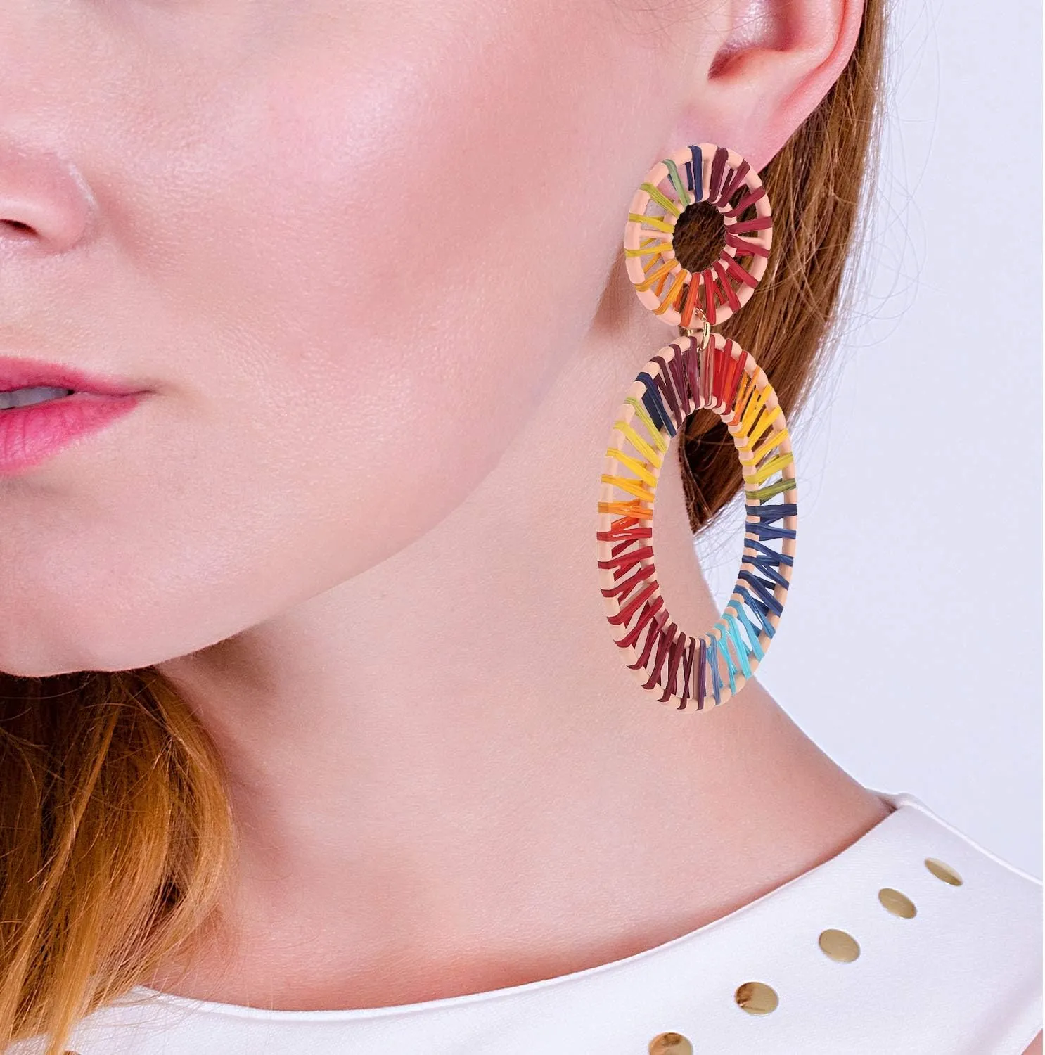 Raffia Tassel Hoop Drop Earrings Handmade Fashion Statement Jewelry for Women