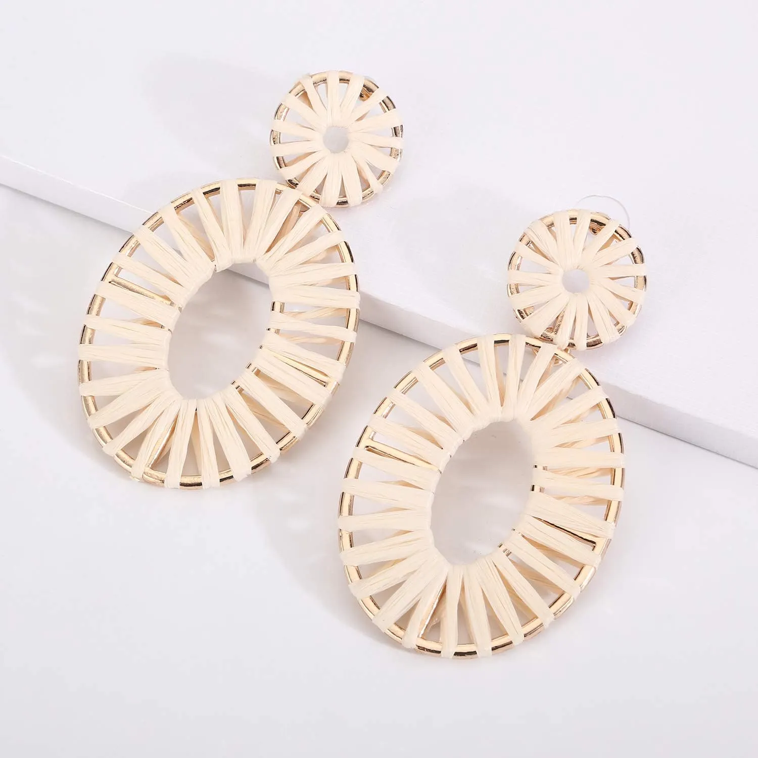 Raffia Tassel Hoop Drop Earrings Handmade Fashion Statement Jewelry for Women