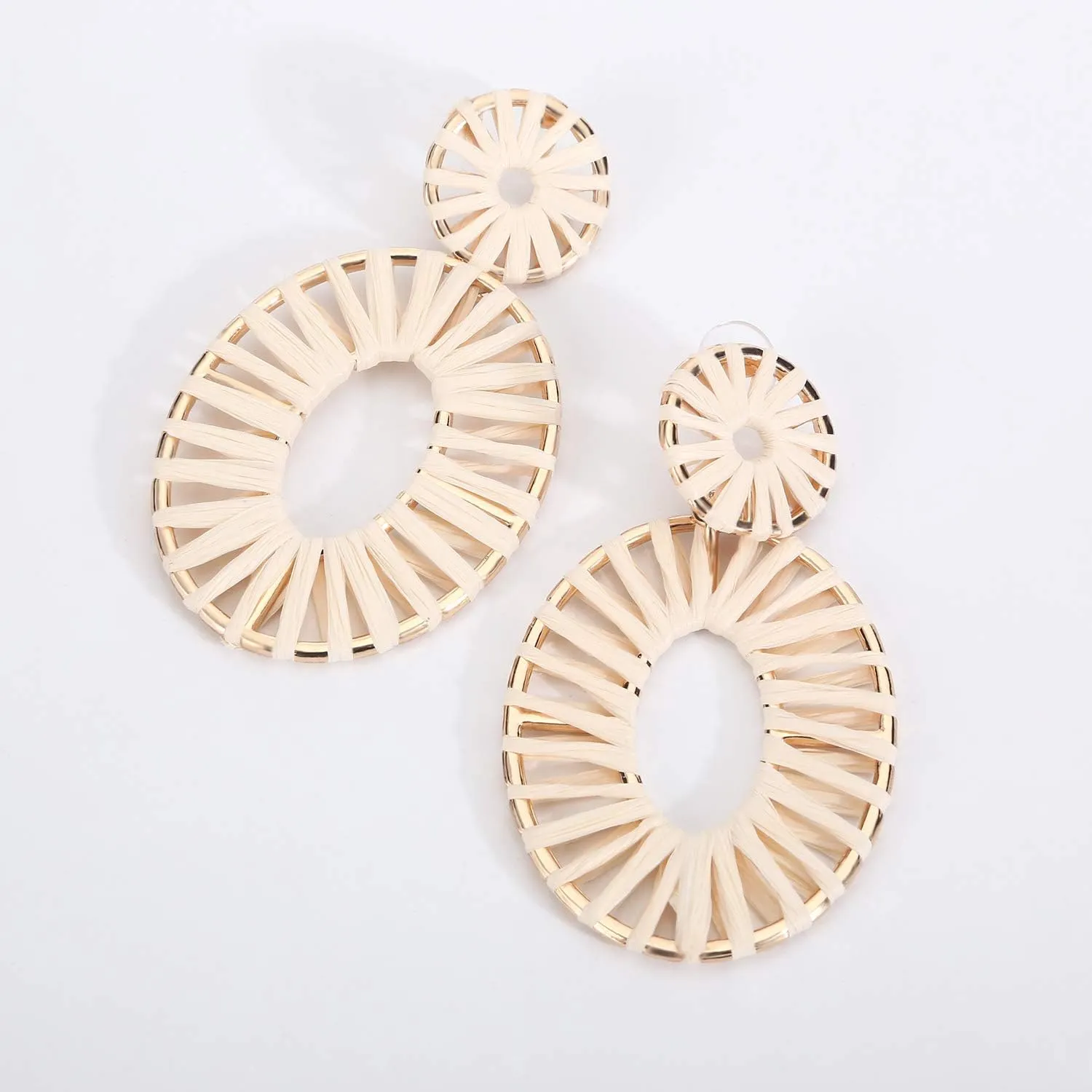 Raffia Tassel Hoop Drop Earrings Handmade Fashion Statement Jewelry for Women