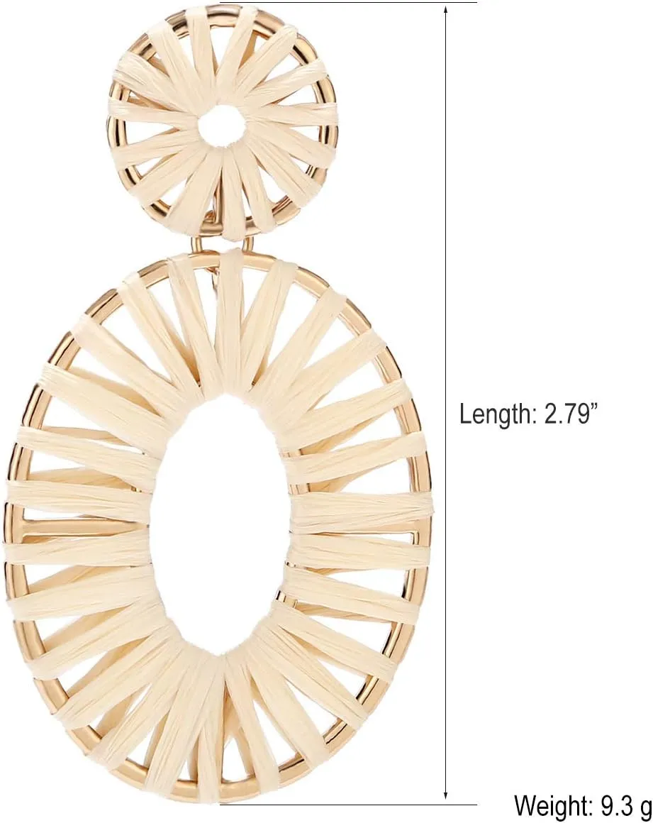 Raffia Tassel Hoop Drop Earrings Handmade Fashion Statement Jewelry for Women