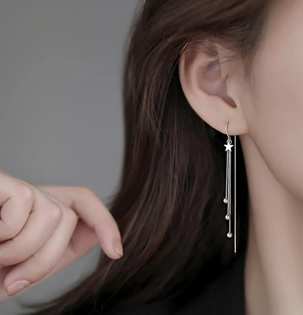 Reffeer Solid 925 Sterling Silver Ball Bead Tassel Chain Dangle Earrings for Women Long Dangle Earrings Threader Drops